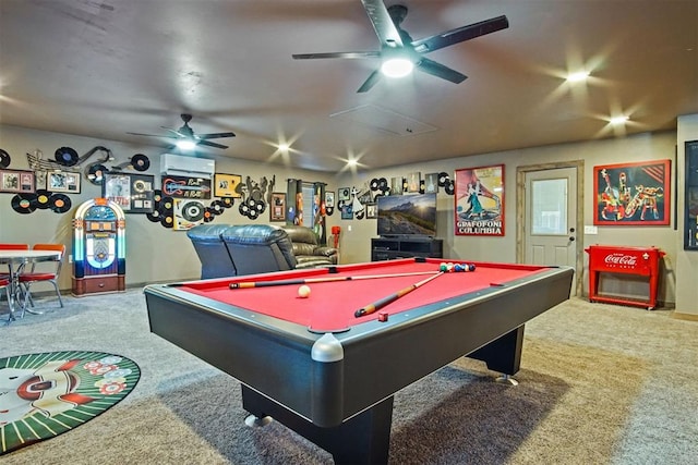 playroom with a ceiling fan, carpet flooring, and pool table