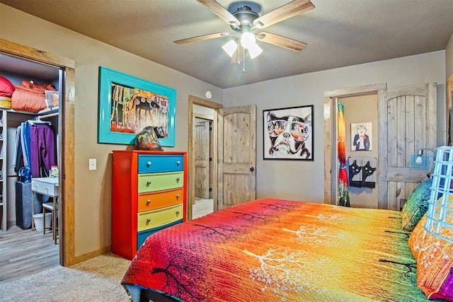 carpeted bedroom with ceiling fan, baseboards, a walk in closet, and a closet