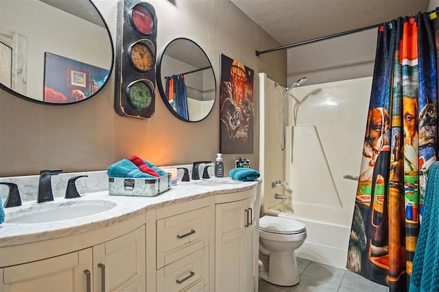 full bath with toilet, tile patterned flooring, a sink, and shower / tub combo with curtain