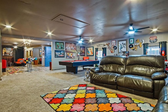 playroom with carpet, billiards, attic access, and ceiling fan