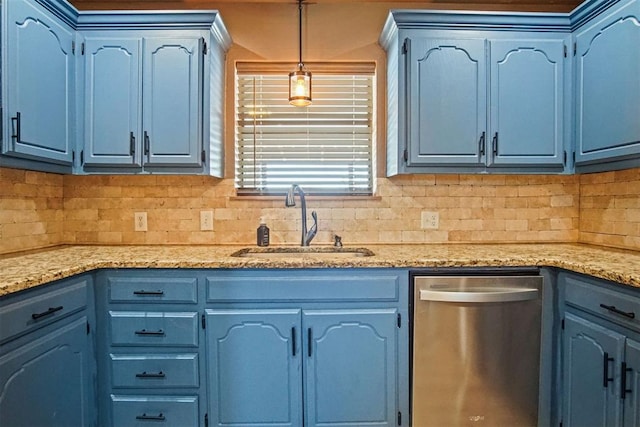 kitchen with dishwasher, a sink, light stone countertops, and blue cabinets