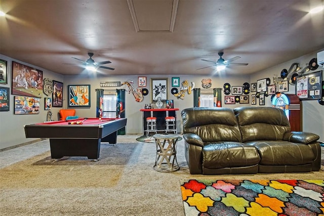 playroom with carpet, pool table, and ceiling fan