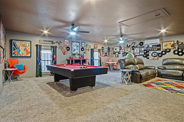 recreation room featuring a wall unit AC, carpet, attic access, and pool table