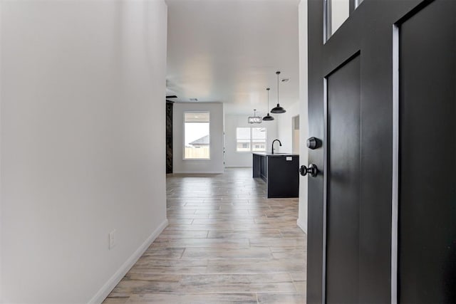 hall featuring light wood-type flooring and sink