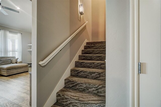 stairway featuring hardwood / wood-style floors and ceiling fan