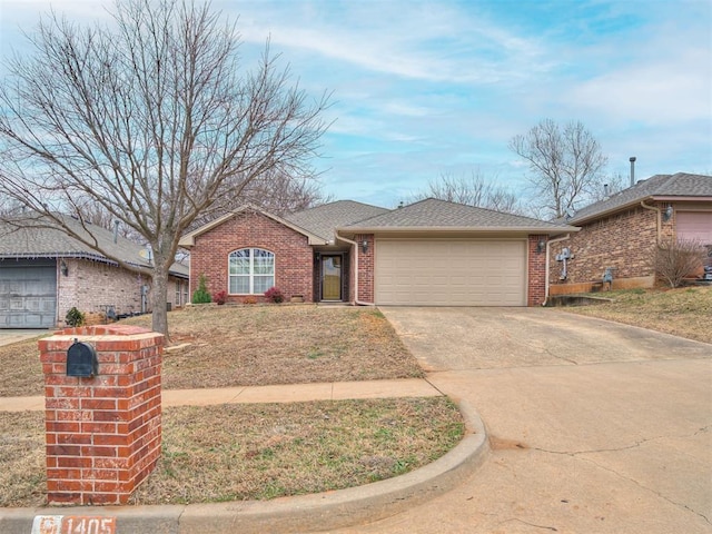 ranch-style house with a garage, roof with shingles, concrete driveway, and brick siding