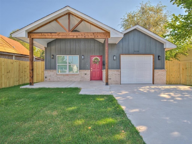 view of front of house featuring concrete driveway, brick siding, fence, and an attached garage