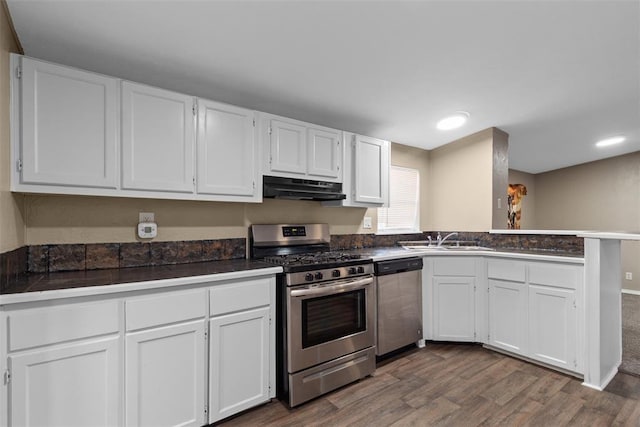 kitchen featuring stainless steel appliances, a sink, white cabinetry, and under cabinet range hood