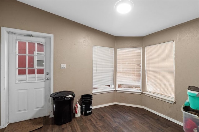 interior space featuring a textured wall, dark wood finished floors, and baseboards