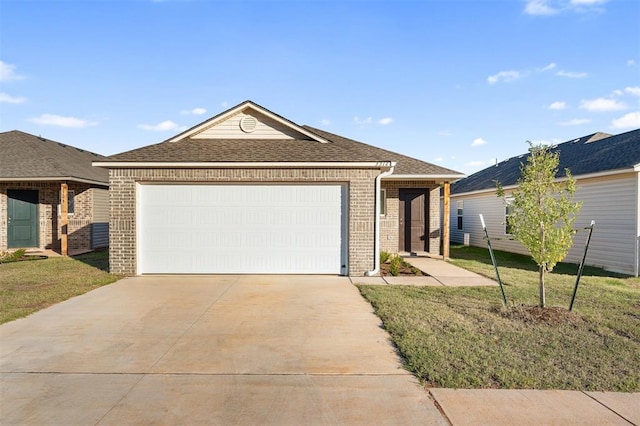 ranch-style house with brick siding, a front lawn, concrete driveway, a shingled roof, and a garage