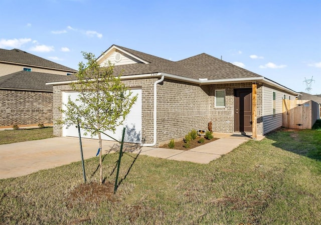 ranch-style house featuring an attached garage, a front lawn, concrete driveway, brick siding, and a shingled roof