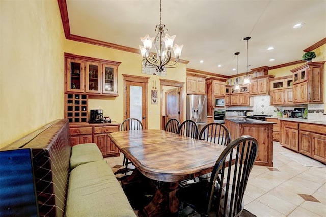 4220 Caribou St, Tuttle, OK 73089 - dining space featuring recessed lighting, crown molding, a notable chandelier, and light tile patterned floors