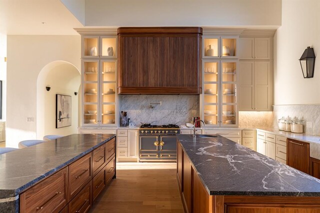 20945 Alba Ct, Edmond, OK 73012 - kitchen with a large island with sink, a sink, arched walkways, and decorative backsplash