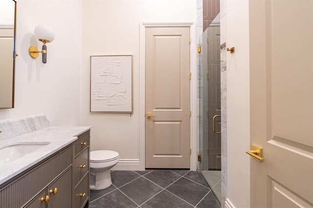 20945 Alba Ct, Edmond, OK 73012 - bathroom featuring vanity, a shower stall, tile patterned floors, and toilet