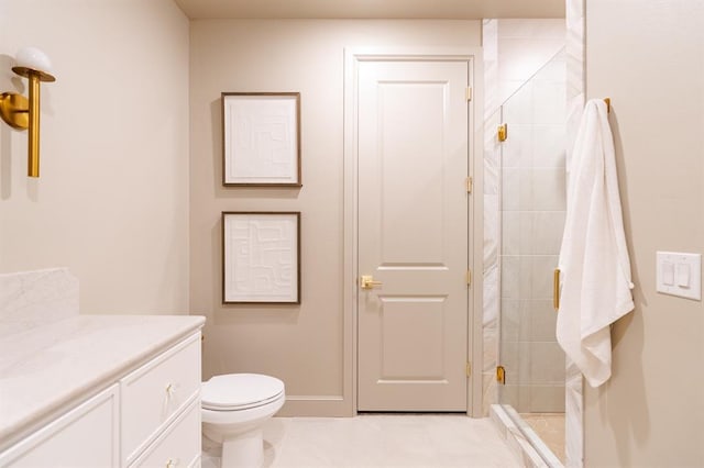 20945 Alba Ct, Edmond, OK 73012 - full bathroom featuring a stall shower, vanity, toilet, tile patterned floors, and baseboards