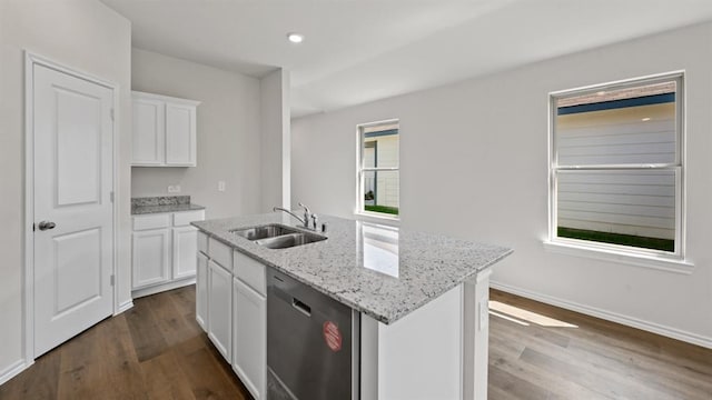 kitchen with stainless steel dishwasher, sink, an island with sink, and white cabinets