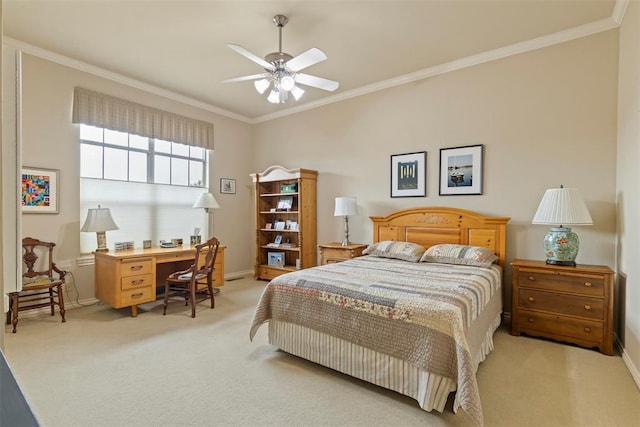 bedroom featuring light carpet, crown molding, baseboards, and ceiling fan