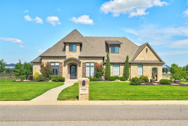 view of front facade featuring brick siding, roof with shingles, and a front yard