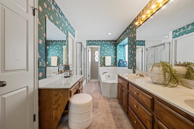 full bath featuring a sink, a shower stall, a bath, double vanity, and wallpapered walls