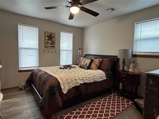 bedroom with ceiling fan and wood-type flooring