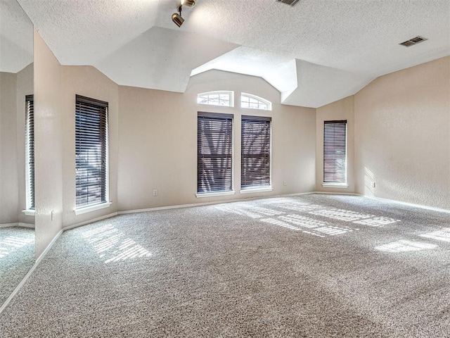 unfurnished room featuring vaulted ceiling, carpet, and a textured ceiling