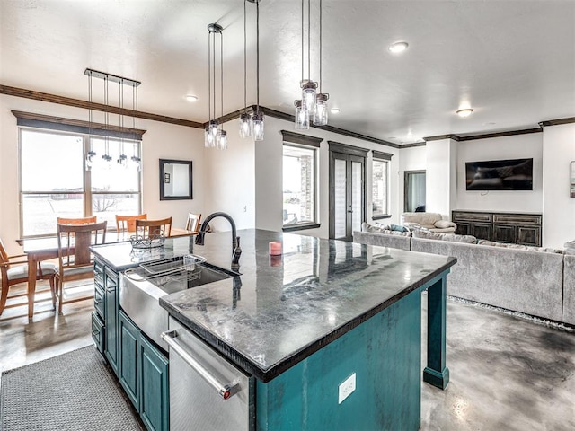 912 Ash NE, Piedmont, OK 73078 - kitchen featuring a kitchen island with sink, open floor plan, concrete flooring, and decorative light fixtures