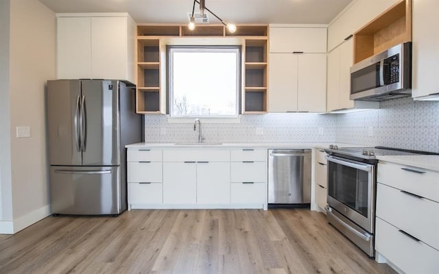 kitchen with light wood-type flooring, stainless steel appliances, white cabinets, backsplash, and sink