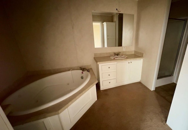 bathroom featuring carpet flooring, a shower with door, vanity, and a bath