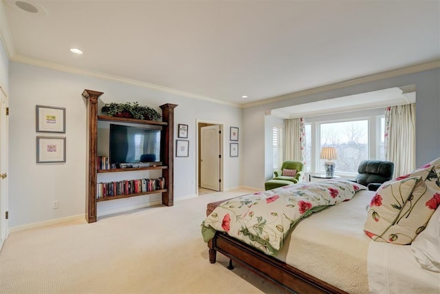 bedroom with light carpet, baseboards, ornamental molding, and recessed lighting