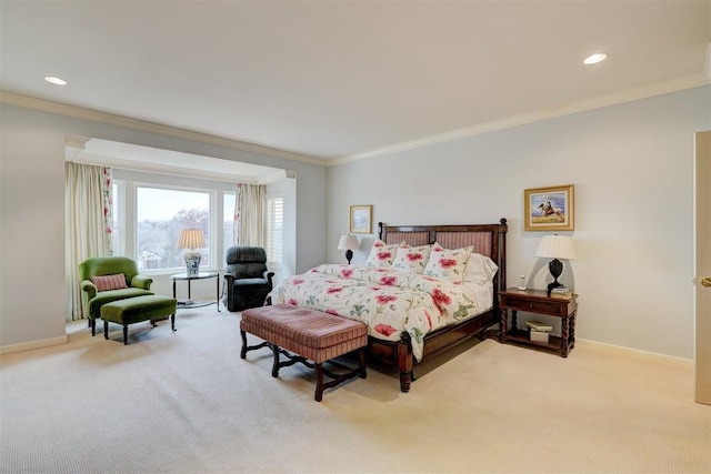 bedroom featuring recessed lighting, baseboards, crown molding, and light colored carpet