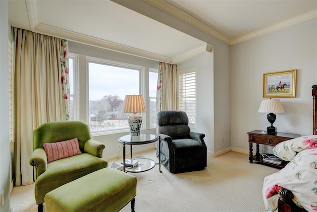 sitting room featuring baseboards, ornamental molding, and light colored carpet