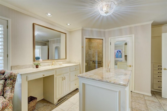 bathroom featuring tile patterned floors, recessed lighting, ornamental molding, and vanity