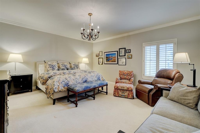 bedroom with carpet floors, ornamental molding, and a notable chandelier