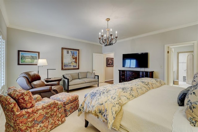 bedroom with a chandelier, light carpet, and crown molding