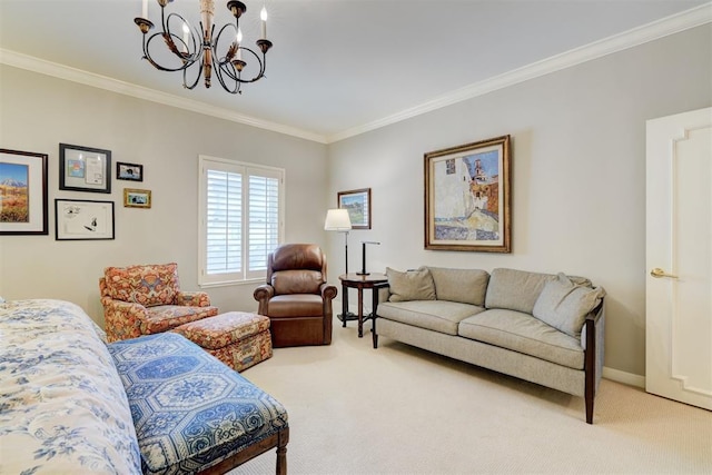 living room featuring an inviting chandelier, carpet, ornamental molding, and baseboards