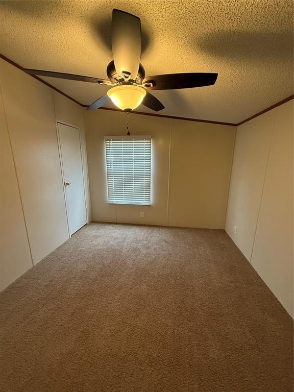 carpeted empty room with ceiling fan, crown molding, and a textured ceiling