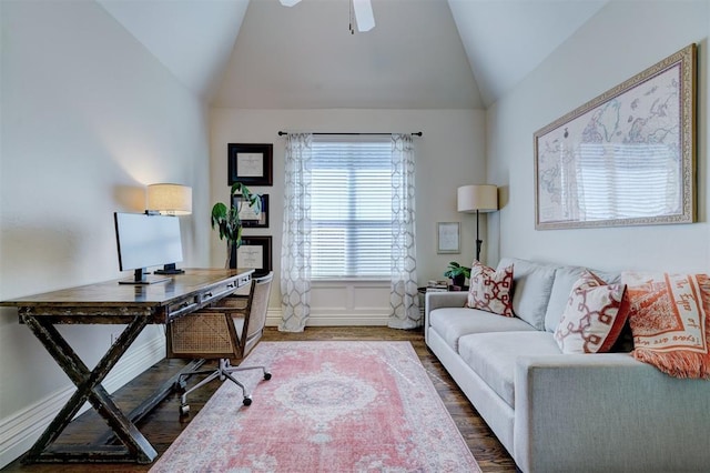 office featuring lofted ceiling, a ceiling fan, and wood finished floors