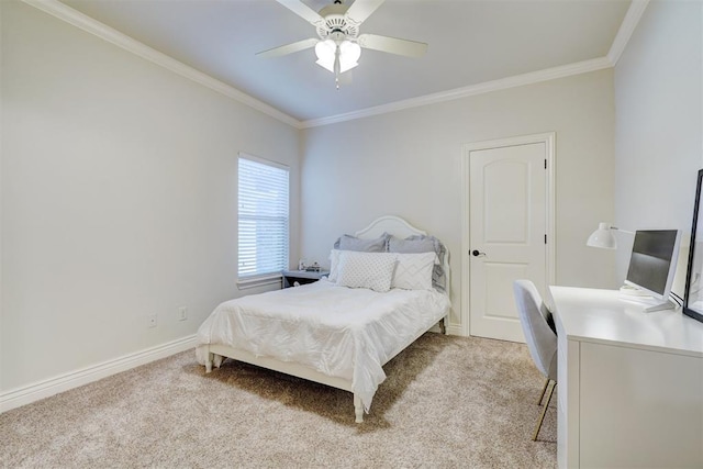 bedroom with baseboards, ornamental molding, and light colored carpet