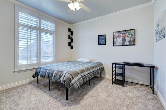 bedroom featuring ornamental molding, carpet flooring, and baseboards