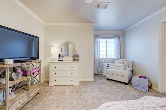 bedroom with baseboards, visible vents, a ceiling fan, light colored carpet, and crown molding