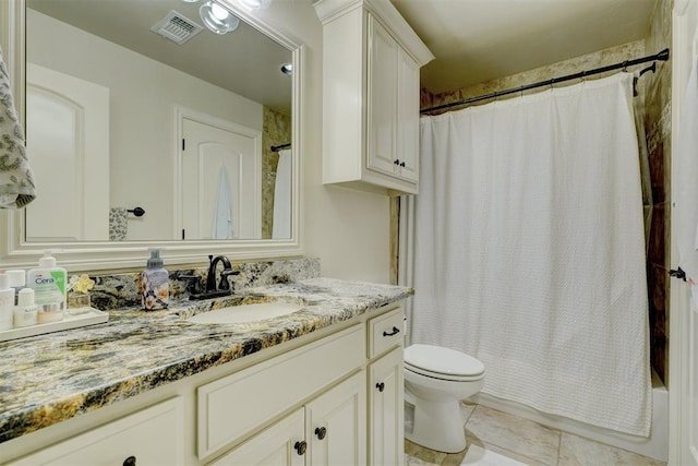 full bath with tile patterned flooring, toilet, vanity, visible vents, and shower / bath combo