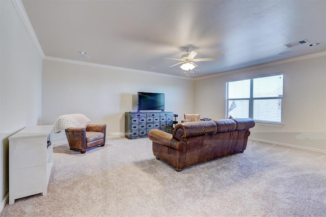 carpeted living room featuring ornamental molding, visible vents, baseboards, and a ceiling fan