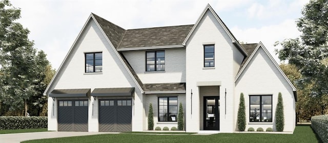 modern inspired farmhouse with a garage, brick siding, driveway, and a front lawn