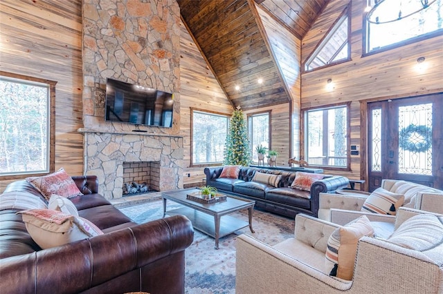 living room with a fireplace, wood ceiling, and wooden walls