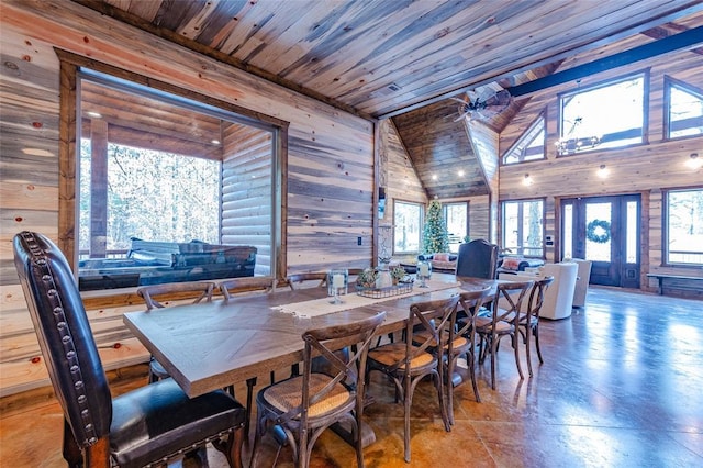 dining room with wooden ceiling, wooden walls, high vaulted ceiling, and a ceiling fan