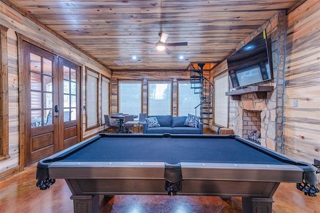 recreation room featuring ceiling fan, pool table, french doors, and wood ceiling