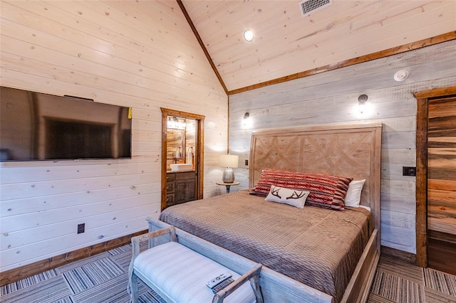 bedroom featuring lofted ceiling, wood ceiling, visible vents, and wooden walls