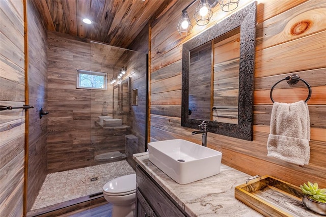 bathroom with toilet, wood walls, a sink, wood ceiling, and a shower stall