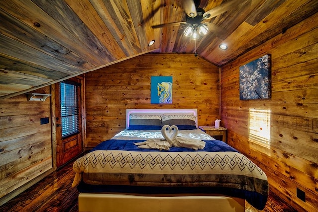 bedroom featuring wood walls, wood ceiling, vaulted ceiling, and dark wood-type flooring