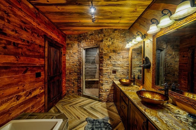 full bath with wood ceiling and vanity